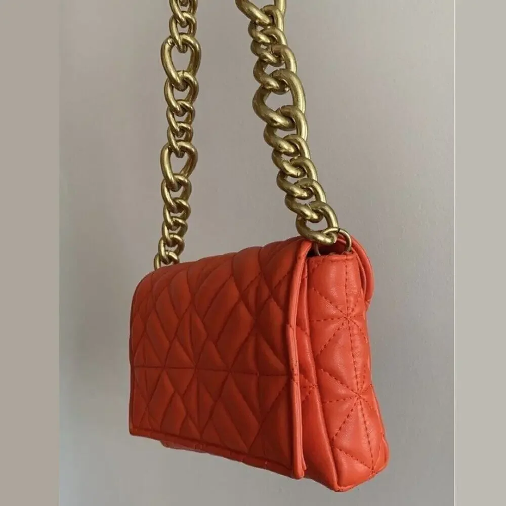 ZARA Coral Orange Quilted Chain Shoulder Bag NWT Gold Chain Purse OS